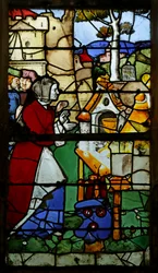 Vitrail représentant un tabernacle construit par des abeilles pour le Sacrement